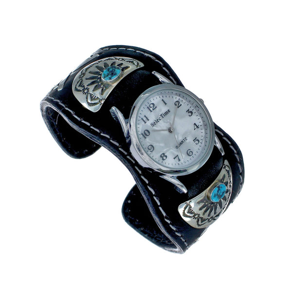 Navajo Turquoise Sterling Silver And Leather Cuff Watch SN20313